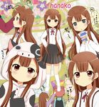  akaza_akari animal_costume brown_eyes brown_hair character_name cow_costume double_bun dress empty_eyes flying_sweatdrops hair_bun hand_on_another's_head hand_on_hip highres kneehighs long_hair looking_at_viewer milk milk_carton multiple_girls oomuro-ke oomuro_hanako pajamas parted_lips petting ryoutan school_uniform suspenders very_long_hair white_legwear yuru_yuri 