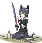  666 blush breasts cleaning cleaning_weapon cotton_swab eyepatch gloves headgear kantai_collection medium_breasts mouth_hold necktie purple_hair school_uniform short_hair sitting solo spray_can sword tatami tenryuu_(kantai_collection) thighhighs translation_request tsukemon uchiko weapon 