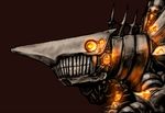  bared_teeth brown_background clenched_teeth commentary_request from_side glowing glowing_eyes mecha no_humans orange_(color) original red_background simple_background sketch spot_color teeth 