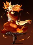  black_gloves blonde_hair delphox earrings fire gen_6_pokemon gloves headpiece high_heels highres jewelry konna-nani multicolored_hair orange_hair orange_skirt personification pokemon skirt solo torch white_hair yellow_eyes 