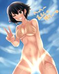  bikini black_eyes black_hair braid breasts cleavage cloud convenient_censoring day girls_und_panzer grin medium_breasts nksk one_eye_closed pepperoni_(girls_und_panzer) short_hair sky smile solo swimsuit translation_request underboob wet 