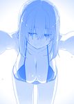  bangs bent_over bikini blue breasts cleavage collarbone commentary_request eyes_visible_through_hair getsuyoubi_no_tawawa gradient gradient_background hair_over_eyes half-closed_eyes hanging_breasts himura_kiseki jitome large_breasts long_hair looking_at_viewer monochrome skindentation smile solo swimsuit water wet wet_hair 
