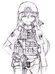  absurdres aimpoint akashi_(kantai_collection) american_flag ar-15 assault_rifle gun hair_ribbon helmet highres japanese_flag kantai_collection load_bearing_vest long_hair looking_at_viewer m4_carbine magazine_(weapon) military military_operator monochrome plate_carrier ribbon rifle school_uniform sekino_takehiro serafuku smile solo stanag_magazine traditional_media tress_ribbon weapon 