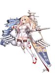  absurdres america battleship blackaz blonde_hair breasts hair_ribbon highres large_breasts mecha_musume military military_vehicle miniskirt navy original personification ribbon seaplane ship simple_background skirt solo sword thighhighs uss_iowa_(bb-61) vought_os2u_kingfisher warship watercraft weapon white_background zettai_ryouiki 