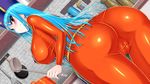  ass blue_hair blush breasts cameltoe dragon_quest dragon_quest_iii from_behind hat highres huge_ass huge_breasts kitchen latex latex_suit legs long_hair looking_back pink_eyes priest_(dq3) sideboob skin_tight solo standing sweatdrop thighs trubka 