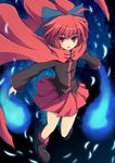  ahoge anime_coloring bow cape cross_(crossryou) hair_bow long_sleeves looking_at_viewer night outdoors pleated_skirt red_eyes red_hair sekibanki short_hair skirt solo standing standing_on_one_leg touhou wind 