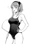  :d blush breasts cameltoe cleavage competition_school_swimsuit covered_navel covered_nipples cowboy_shot dagashi_kashi greyscale hairband hand_on_hip kickboard large_breasts looking_at_viewer monochrome nail_polish one-piece_swimsuit open_mouth pochi_(pochi-goya) shidare_hotaru short_hair sideboob simple_background smile solo sparkle swimsuit white_background 