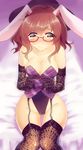  alternate_costume animal_ears blush breasts brown_eyes brown_hair bunny_ears bunny_girl bunnysuit cleavage collarbone commentary_request elbow_gloves embarrassed garter_straps glasses gloves hat hourai_ninjin large_breasts on_bed red-framed_eyewear sitting sitting_on_bed solo touhou usami_sumireko 