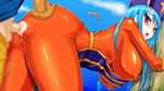  1girl anal anus ass ass_grab bent_over blue_hair blush breasts censored clothed_sex cloud clouds dragon dragon_quest dragon_quest_iii erect_nipples gloves hat highres huge_breasts latex latex_suit legs long_hair looking_back mosaic_censoring open_mouth pants_down penis priest_(dq3) red_eyes saliva sex skin_tight sky solo_focus thighs torn_clothes trubka 