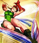  bare_shoulders black_boots blonde_hair boots braid braids breasts cameltoe cammy_white capcom combat_boots curvy female fingerless_gloves gloves gradient gradient_background hat jumping kick large_breasts legs leotard lips long_hair muscle official_art solo street_fighter street_fighter_v thong_leotard twin_braids 