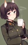  animal_ears blush breast_hold breasts brown_eyes brown_hair cup em green_background katou_takeko long_sleeves military military_uniform mug saliva saliva_trail short_hair smile solo steam suggestive_fluid uniform upper_body world_witches_series 