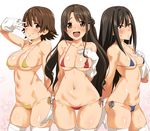  bikini black_hair blush breasts brown_eyes brown_hair cleavage gloves green_eyes honda_mio idolmaster idolmaster_cinderella_girls large_breasts long_hair looking_at_viewer medium_breasts micro_bikini midriff multiple_girls navel new_generations one_side_up open_mouth pija_(pianiishimo) shibuya_rin shimamura_uzuki short_hair side-tie_bikini simple_background smile strap_gap swimsuit thighhighs v_over_eye white_background white_gloves white_legwear wide_hips 