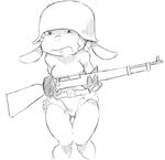  caprine female gun helmet leggy_lamb looking_at_viewer mammal monochrome ranged_weapon rifle sheep solo weapon 