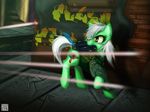  action armor elmutanto equine fallout fallout:_equestria fallout_equestria fan_character grafitti horse laser_pistol mammal my_little_pony ruins shooting video_games 