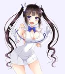  :d black_hair blue_eyes blue_ribbon blush breasts cleavage covered_navel dungeon_ni_deai_wo_motomeru_no_wa_machigatteiru_darou_ka gloves hair_ribbon hestia_(danmachi) kay_(utd) long_hair looking_at_viewer medium_breasts open_mouth rei_no_himo ribbon smile solo twintails white_gloves 