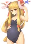  absurdres animal_ears bare_arms bare_shoulders blonde_hair bow bunny_ears bunnysuit collarbone commentary_request fake_animal_ears hair_bow hair_ornament hair_ribbon highres horn_ribbon horns ibuki_suika long_hair looking_at_viewer low-tied_long_hair orange_eyes oruka_(kamituki0827) pregnant ribbon simple_background smile solo touhou white_background 