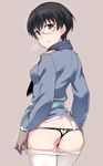  ass black_eyes black_hair blush breath butt_crack dimples_of_venus eini_a_lukkanen em glasses heart_cutout looking_at_viewer looking_back no_pants panties pantyhose pantyhose_pull short_hair smile solo standing underwear uniform world_witches_series 