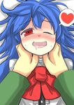  ;) asphyxiation blue_hair blush bow commentary drooling gaoo_(frpjx283) heart highres hinanawi_tenshi long_hair looking_at_viewer masochism one_eye_closed pov red_eyes smile spoken_heart strangling touhou turn_pale 