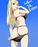  absurdres ass bikini bikini_pull black_bikini blonde_hair blue_background breasts copyright_name highres large_breasts long_hair looking_at_viewer looking_back manabebebe red_eyes simple_background solo swimsuit thong tokyo_7th_sisters two_side_up uesugi_u_kyouko 