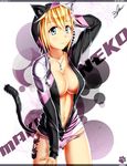  animal_ears animal_hood blonde_hair blue_eyes breasts cat_ears cat_hood cat_tail eru-sennin eyewear_hang eyewear_removed highres hood jacket large_breasts maki_(eru) open_clothes open_jacket original panties short_hair solo sunglasses tail underwear 