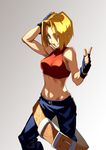  baggy_pants bare_shoulders belt blonde_hair blue_eyes blue_mary breasts fatal_fury fingerless_gloves gloves highres large_breasts lolik midriff navel pants short_hair smile solo straight_hair the_king_of_fighters 
