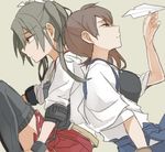  back-to-back brown_eyes brown_hair commentary_request green_eyes grey_hair japanese_clothes kaga_(kantai_collection) kantai_collection looking_down looking_up multiple_girls muneate paper_airplane ree_(re-19) short_hair side_ponytail sitting twintails zuikaku_(kantai_collection) 