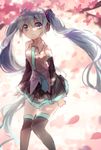  aqua_hair blue_eyes cherry_blossoms detached_sleeves hatsune_miku headphones highres long_hair looking_at_viewer necktie skirt smile solo thighhighs twintails very_long_hair vocaloid you_hashira 
