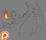  2015 big_penis charizard claws dradgien erection feral fire horn looking_at_viewer male nintendo patreon penis plain_background pok&eacute;mon scalie seductive sitting solo video_games watermark wings yaroul 