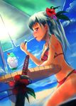  beach bikini cherry flower food fruit green_hair hair_flower hair_ornament hellnyaa hibiscus highres ice_cream katana million_arthur_(series) original purple_eyes shaved_ice swimsuit sword weapon 