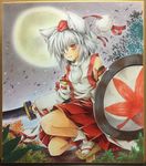  animal_ears detached_sleeves full_moon geta hat hat_ribbon inubashiri_momiji long_sleeves moon petals pom_pom_(clothes) red_eyes ribbon shield shikishi shirt silver_hair skirt solo squatting sword tokin_hat touhou traditional_media weapon wide_sleeves wolf_ears yozuki_shokora 