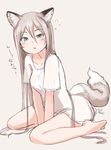  animal_ears blue_eyes blush colored_eyelashes fox_ears fox_tail highres long_hair looking_at_viewer nosuku open_mouth original see-through shirt silver_hair simple_background sitting sketch solo t-shirt tail translated v_arms very_long_hair wariza white_eyelashes 