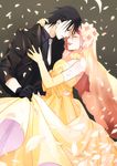  1girl bridal_veil couple dress elbow_gloves flower formal gloves haruno_sakura hetero highres naruto naruto_(series) oba-min petals pink_hair short_hair suit uchiha_sasuke veil wedding_dress yellow_dress yellow_wedding_dress 