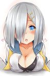  absurdres black_bra blue_eyes bra breast_rest breasts cleavage hair_ornament hair_over_one_eye hairclip hamakaze_(kantai_collection) heart heart-shaped_pupils highres kantai_collection large_breasts looking_at_viewer md5_mismatch neckerchief open_clothes open_mouth open_shirt saku_(kudrove) school_uniform serafuku shirt short_hair silver_hair solo symbol-shaped_pupils underwear upper_body yellow_neckwear 