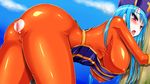  1girl anus ass ass_cutout bent_over blue_hair blush breasts censored cloud clouds dragon_quest dragon_quest_iii erect_nipples gloves hat highres huge_breasts latex latex_suit legs long_hair looking_away mosaic_censoring open_mouth priest_(dq3) red_eyes skin_tight sky solo spread_anus tears thighs torn_clothes trubka 