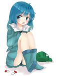  :o alternate_hairstyle black_panties blue_eyes blue_hair blush boots full_body hair_down hat hat_removed headwear_removed highres kawashiro_nitori knees_to_chest long_sleeves looking_at_viewer maa_(roninnn) panties pantyshot pantyshot_(sitting) rubber_boots short_hair simple_background sitting skirt skirt_set solo touhou underwear white_background 