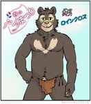  2014 anthro artdecade bear biceps bulge clothed clothing fur half-dressed japanese_text loincloth looking_at_viewer male mammal muscles neck_tuff pecs plain_background pose sloth_bear smile solo teeth text topless underwear underwear_festival willy_(artdecade) 