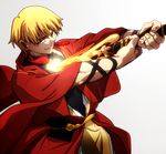  blonde_hair cape chaos_dragon fate/stay_night fate_(series) gilgamesh male_focus qisha_tianling red_dragon red_eyes seiyuu_connection seki_tomokazu sen_(77nuvola) solo sword weapon 