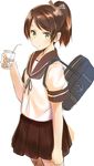  bag brown_hair cowboy_shot cup isshiki_(ffmania7) kantai_collection looking_at_viewer ponytail school_bag school_uniform serafuku shikinami_(kantai_collection) short_hair short_sleeves skirt solo yellow_eyes 