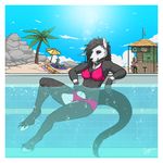  2015 avian beach bird black_fur black_hair black_nose breasts canine clothed clothing detts equine female fur hair hooves horse hybrid looking_at_viewer mammal navel necklace pool rock seaside sitting smile solo swimsuit tree umbrella underwater water 