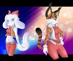  anthro belt black_nose blue_eyes brown_fur canine clothing dog duo fay_spaniel feline female fur jacket kamira lynx mammal miyu_lynx nintendo star_fox stripes video_games 