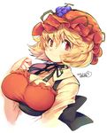  2015 aki_minoriko blonde_hair blush breasts choker dated food fruit grapes hat iroyopon large_breasts long_sleeves looking_at_viewer mob_cap red_eyes ribbon ribbon_choker sash short_hair signature simple_background smile solo touhou upper_body white_background 