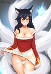  ahri animal_ears bare_shoulders black_hair blue_fire blush breasts cleavage cowboy_shot detached_sleeves fire fox_ears fox_tail highres korean_clothes large_breasts league_of_legends long_hair looking_away multiple_tails naughty_face panties panty_pull pussy razalor skirt skirt_lift solo tail thigh_gap uncensored underwear whisker_markings yellow_eyes 