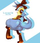  ambiguous_gender anthro barefoot big_butt butt canine english_text fur jackal long_ears looking_back lucario mammal nintendo nude pawpads paws pok&eacute;mon solo spikes text thick_thighs unknown_artist video_games 