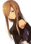  aqua_eyes black_dress breasts brown_hair detached_sleeves dress gloves hair_over_one_eye hand_on_hip kinta_(distortion) long_hair medium_breasts simple_background smile solo tales_of_(series) tales_of_the_abyss tear_grants very_long_hair white_background white_gloves 