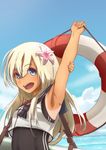 arm_up armpits bad_id bad_pixiv_id blonde_hair blue_eyes blue_sky blush cloud crop_top day flower hair_flower hair_ornament highres holding kantai_collection lifebuoy long_hair looking_at_viewer ocean one-piece_swimsuit one-piece_tan open_mouth ro-500_(kantai_collection) sailor_collar school_swimsuit school_uniform serafuku sky smile solo sonri strap stretch swimsuit swimsuit_under_clothes tan tanline torpedo upper_body 