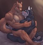  anthro bed big_muscles black_nose blue_fur brown_fur canine dog fur husky kuugo male male/male mammal muscles nude red_eyes smile stan wolf yuujirou 