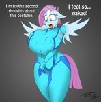  2014 anthro big_breasts breasts clothing dialogue english_text equine fan_character female green_eyes hair jrvanesbroek kaiuchiha15 mammal multicolored_hair my_little_pony nipple_bulge pegasus pillow_talk_(oc) pink_hair skinsuit solo text two_tone_hair white_hair wings zero_suit 
