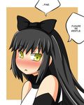  black_hair blake_belladonna blush bow brown_background english hair_bow highres long_hair lunarisaileron no_nose rwby solo speech_bubble yellow_eyes 