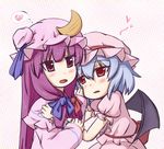  arm_garter bat_wings blue_hair blush commentary_request crescent crescent_hair_ornament dress hair_ornament hand_on_another's_face hat heart mob_cap multiple_girls natsuki_(silent_selena) patchouli_knowledge pink_hat pink_shirt puffy_short_sleeves puffy_sleeves purple_dress purple_eyes purple_hair purple_hat red_eyes remilia_scarlet shirt short_sleeves spoken_heart thought_bubble touhou upper_body wings yuri 