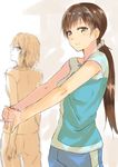  anastasia_(idolmaster) armpit_peek blurry brown_eyes brown_hair depth_of_field idolmaster idolmaster_cinderella_girls interlocked_fingers isshiki_(ffmania7) long_hair love_laika multiple_girls nitta_minami outstretched_arms ponytail shirt short_sleeves smile stretch t-shirt upper_body 